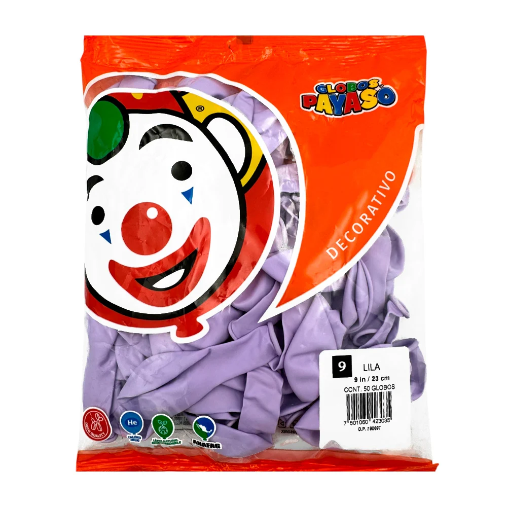 Paquete de 50 globos payaso en tono lila pastel de 9 in - 23 cm / 423035