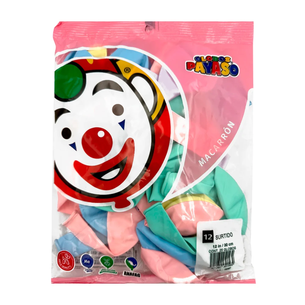 Paquete de 25 globos payaso colores surtidos en tonos pastel de 12 in - 30 cm / 451564 / globos macarrón