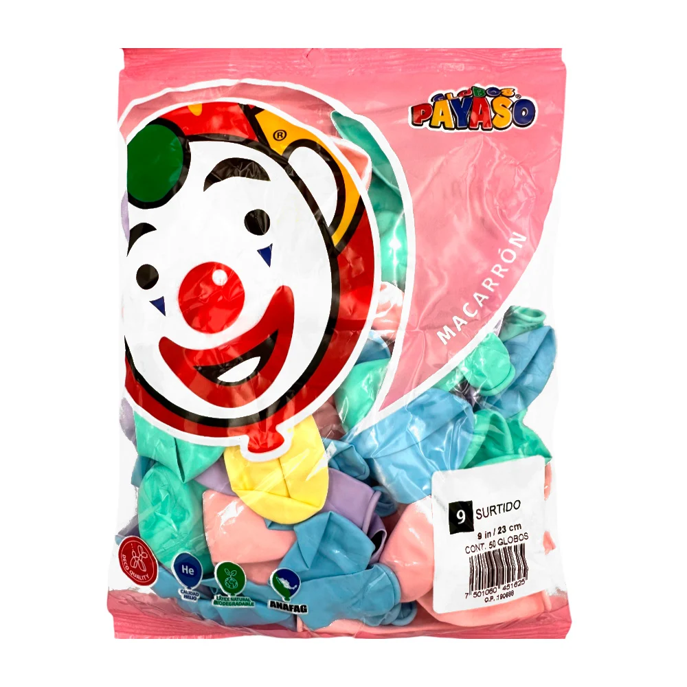 Paquete con 50 globos payaso colores surtidos en tonos pastel de 9 in - 23 cm / 451625 / globo macarrón