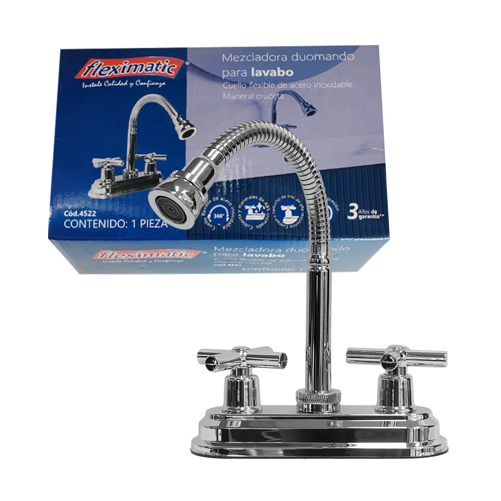 Llave mezcladora duomando para lavabo con cuello flexible y manerales cruceta de acero inoxidable / 4522