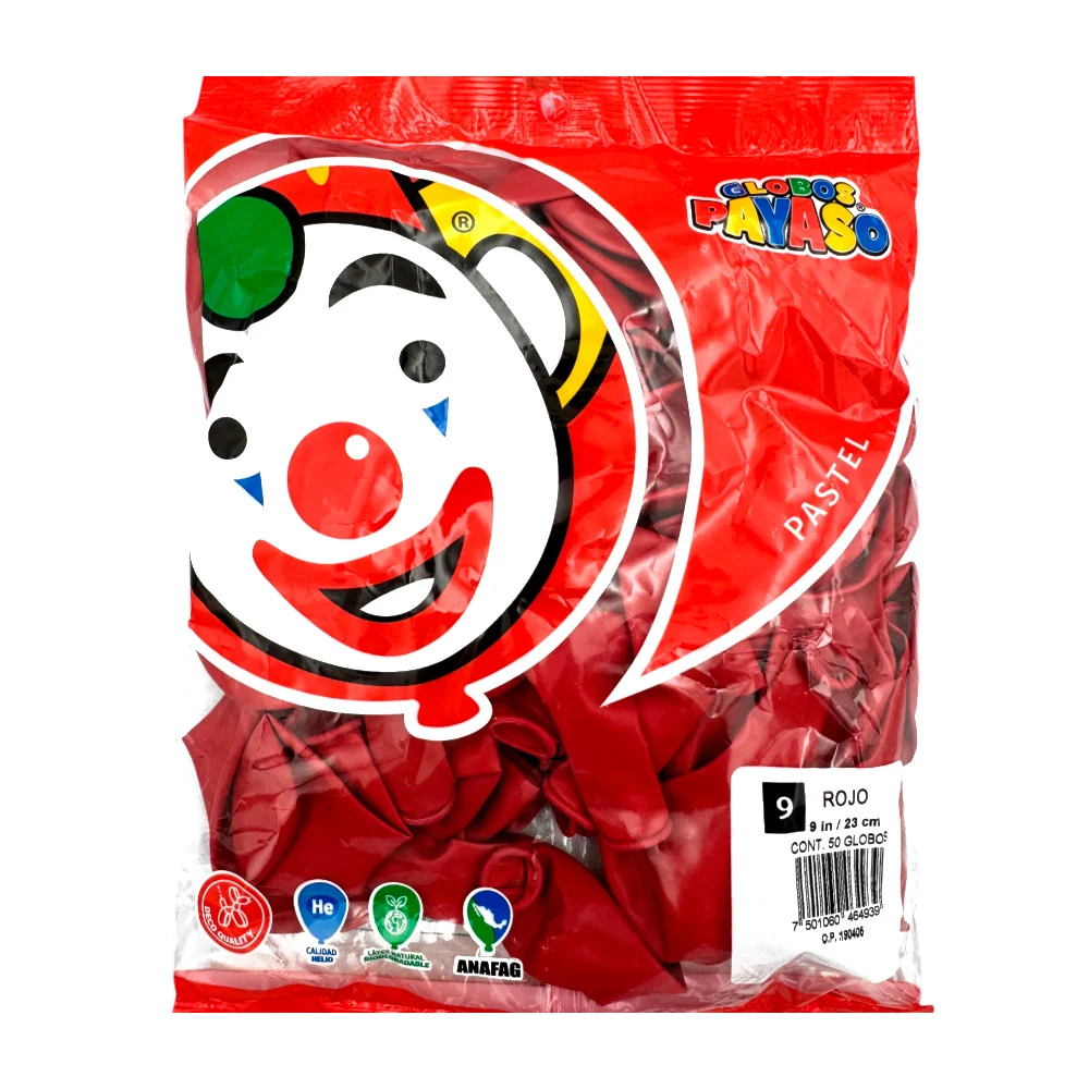 Paquete de 50 globos payaso de 9 in - 23 cm en color rojo / 464939