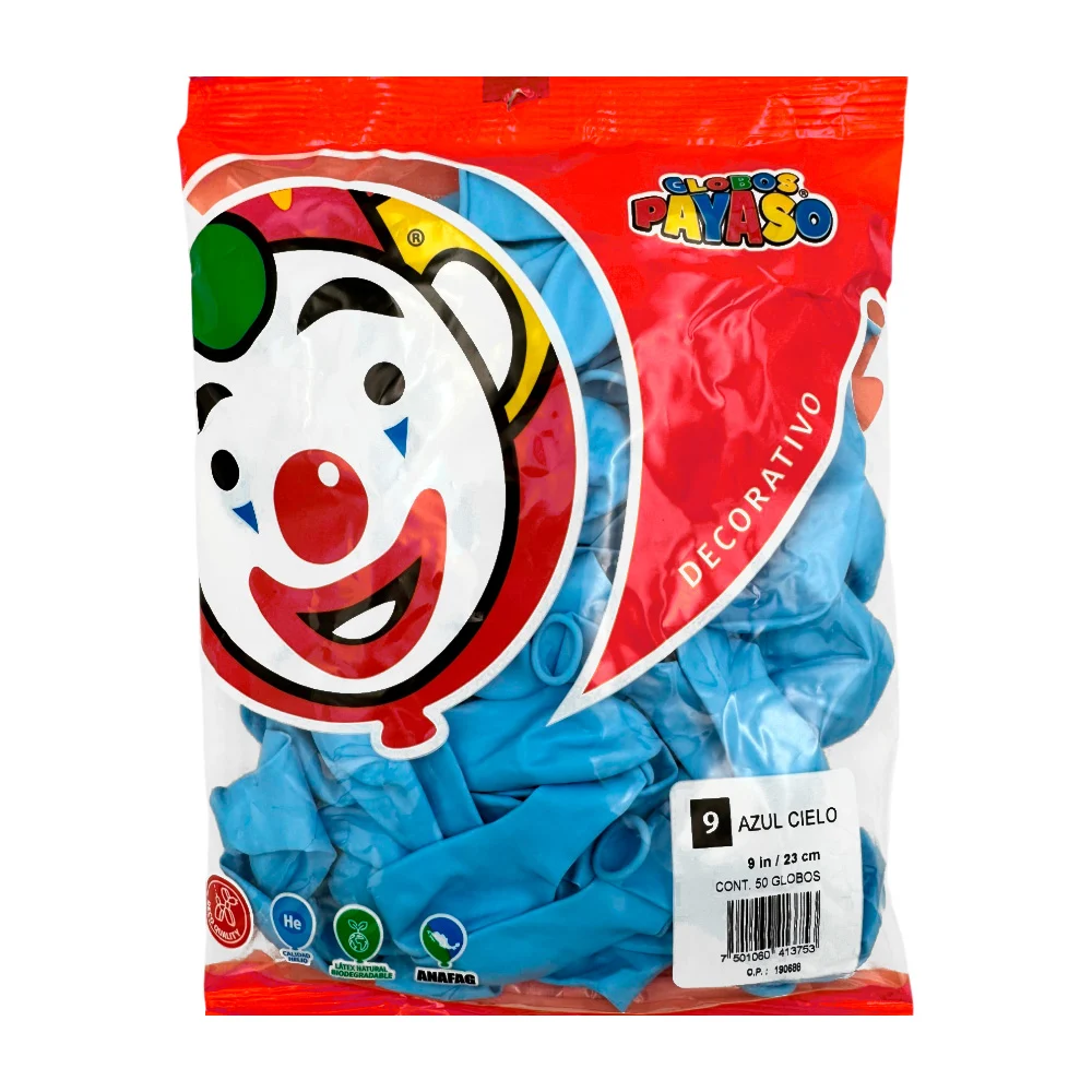 Paquete con 50 globos payaso en tono azul de 9in - 23cm / globo azul claro / globo azul cielo
