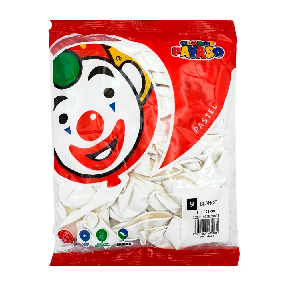 Paquete de 50 globos payaso en color blanco de 9 in - 23 cm / 413784 / 465165