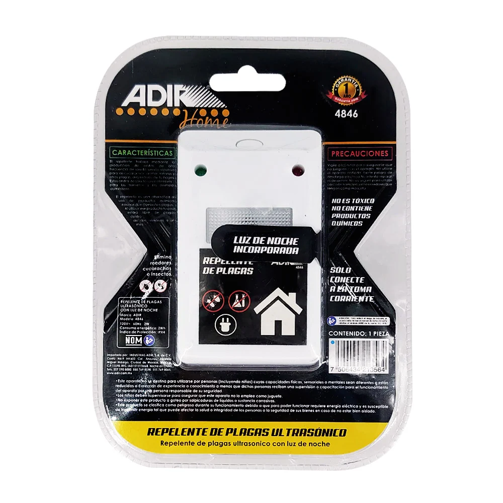 Dispositivo repelente ultrasónico de plagas con luz de noche / adir home / 4846