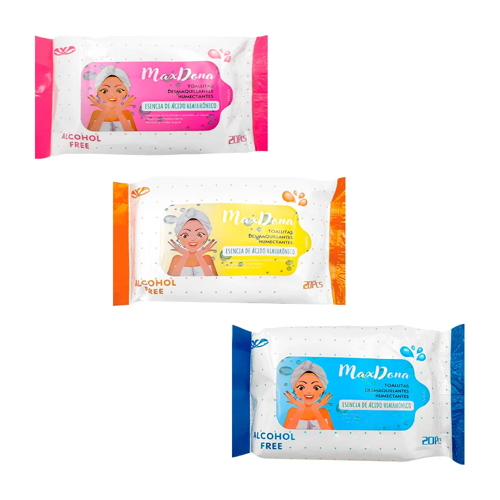 Paquete de 20 toallitas húmedas desmaquillantes y humectantes con esencia de ácido hialurónico, variedad de colores / maxdona / x087