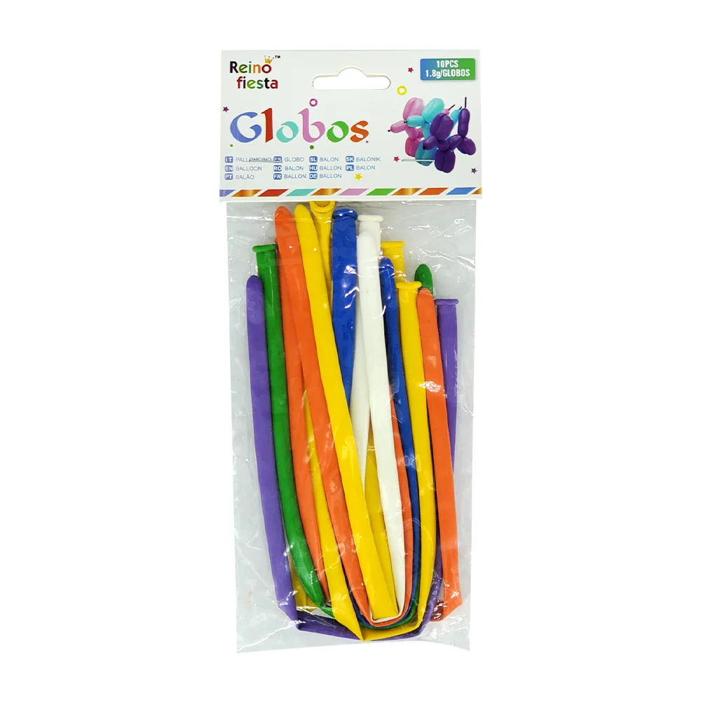 Paquete con 10 globos de látex no. 270 o salchicha - gusano, para decoración o globoflexia, variedad de colores / reino fiesta / 50183