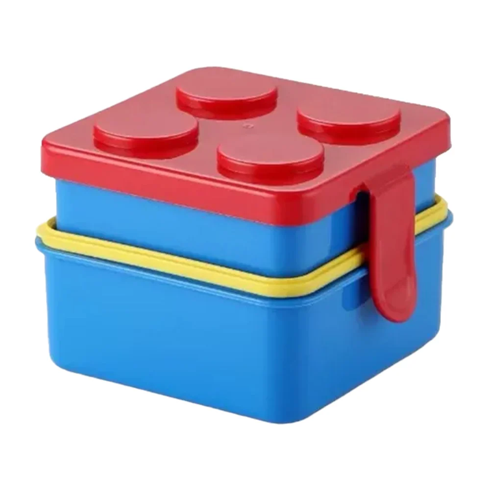 Tupper cuadrado de 2 niveles en forma bloque construcción con cubierto / blocks snacks / 50263
