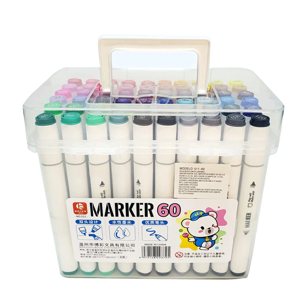 Estuche con 60 marcadores plumones bolun twin marker doble punta de colores / 511 60 colors