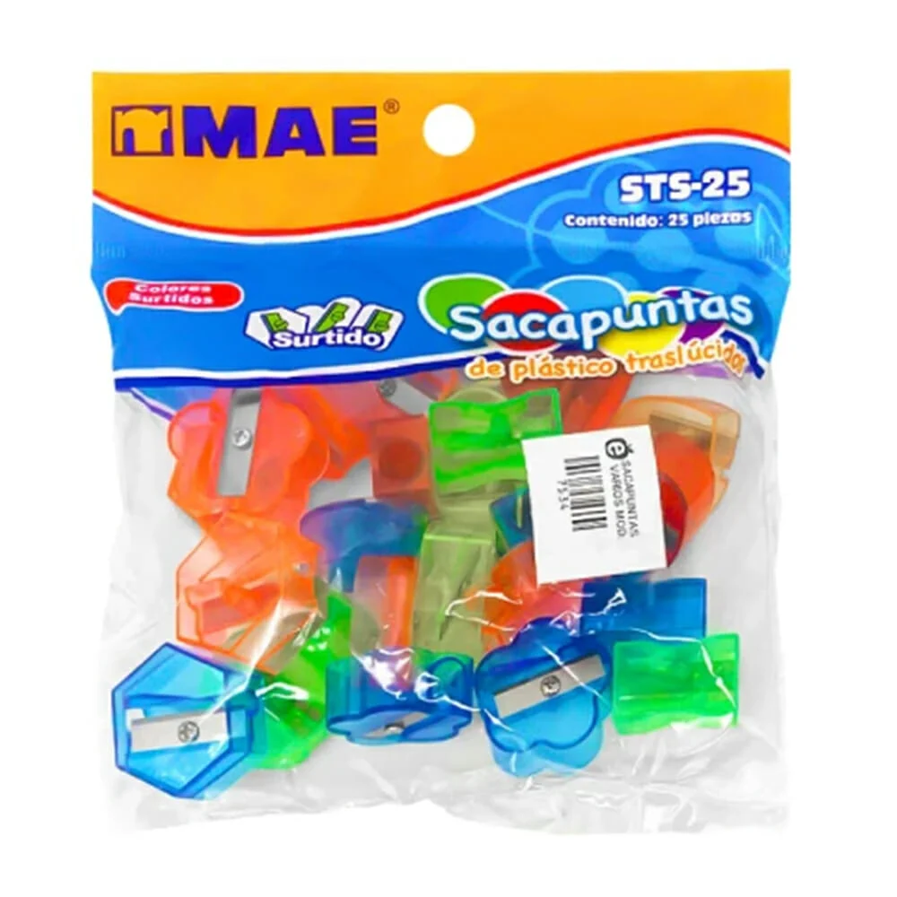 Paquete con 25 sacapuntas mae de plástico translúcido con variedad de diseños y colores / sts-25