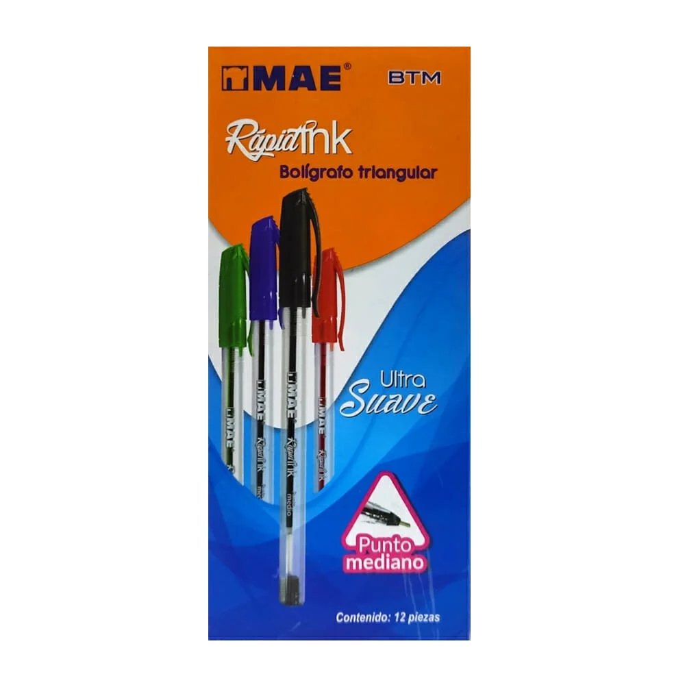 Caja con 12 plumas bolígrafos triangulares mae ultra suave de tinta negra con punto medio / btm-n