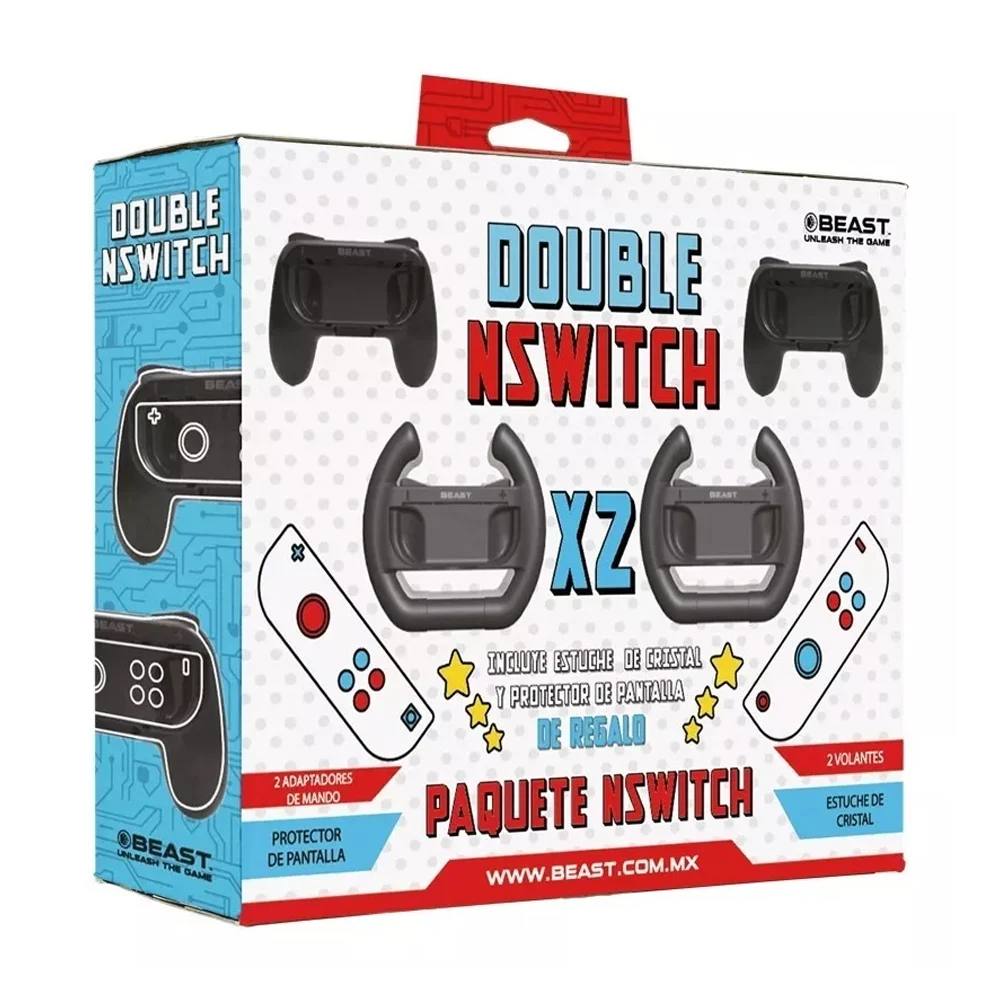 Paquete nswitch con 2 adapatadores de mando, 2 volantes, protector de pantalla y estuche de cristal / double nswitch