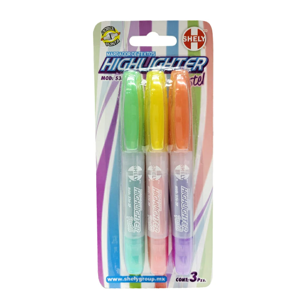 Paquete con 3 marcatextos shely doble punta de colores pastel
