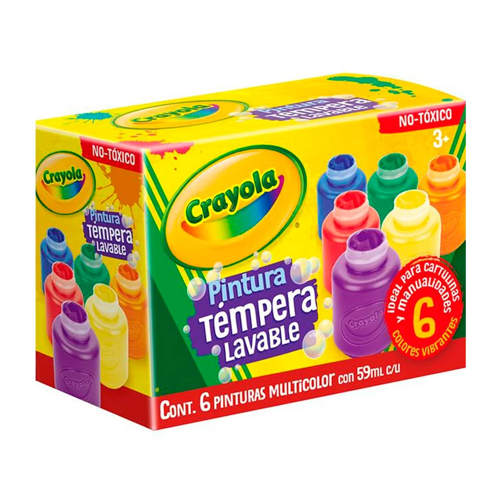 Paquete con 6 mini frascos con pintura crayola lavable, tonos vibrantes, 59 ml cada frasco, colores surtidos / 54-1204 / 5412040000 / crayola témpera lavable