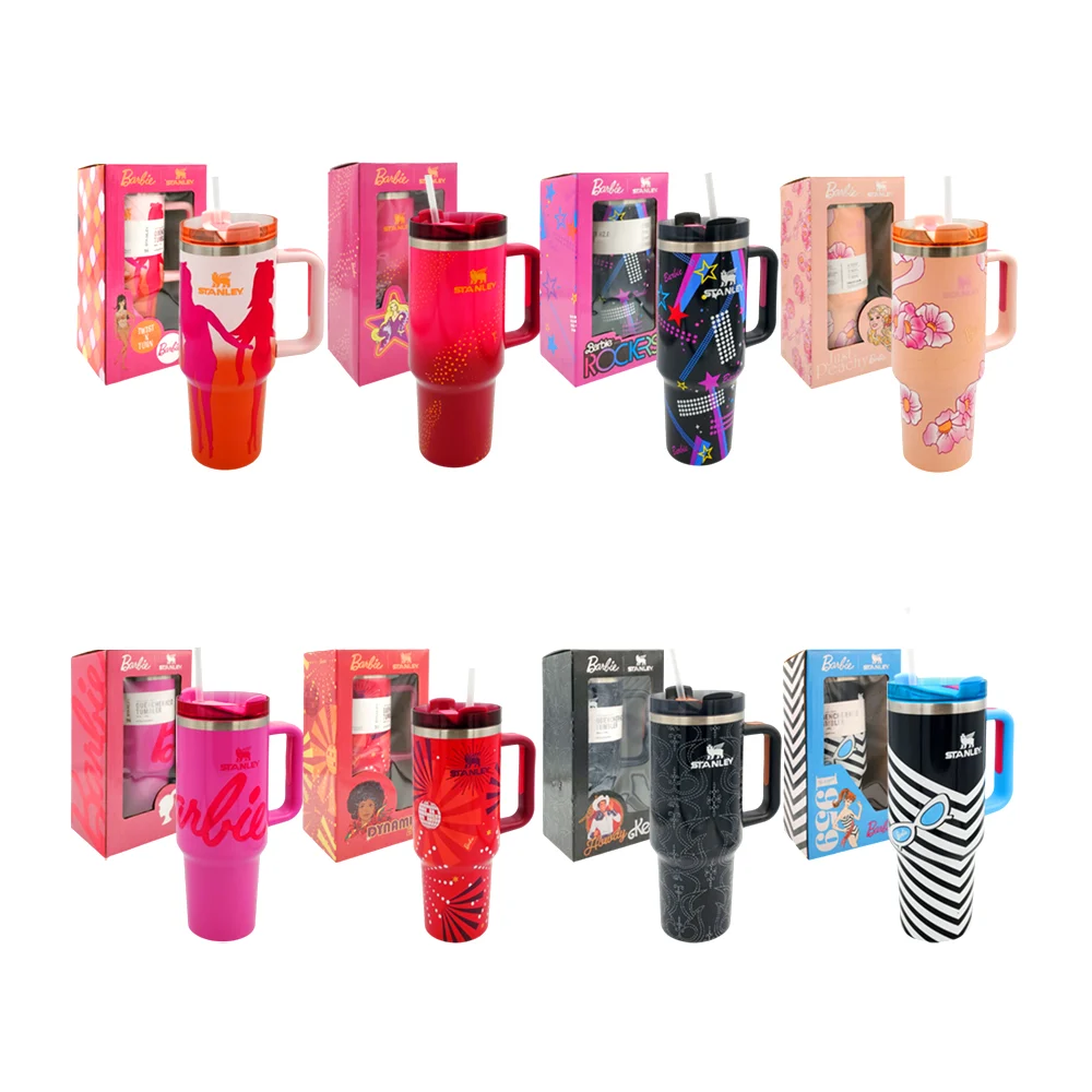 Vaso termo de acero inoxidable con tapa traslúcida, popote, asa, capacidad de 40oz - 1.18L y estampado personajes de barbie, variedad de diseños y colores / 540-8b