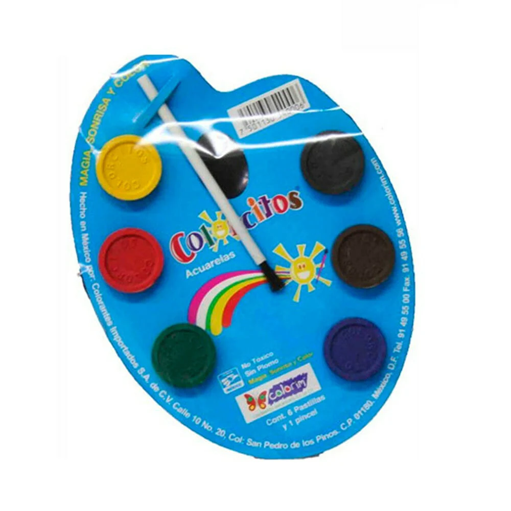 Paleta con 6 acuarelas redondas colorcitos de colores y pincel / 540006