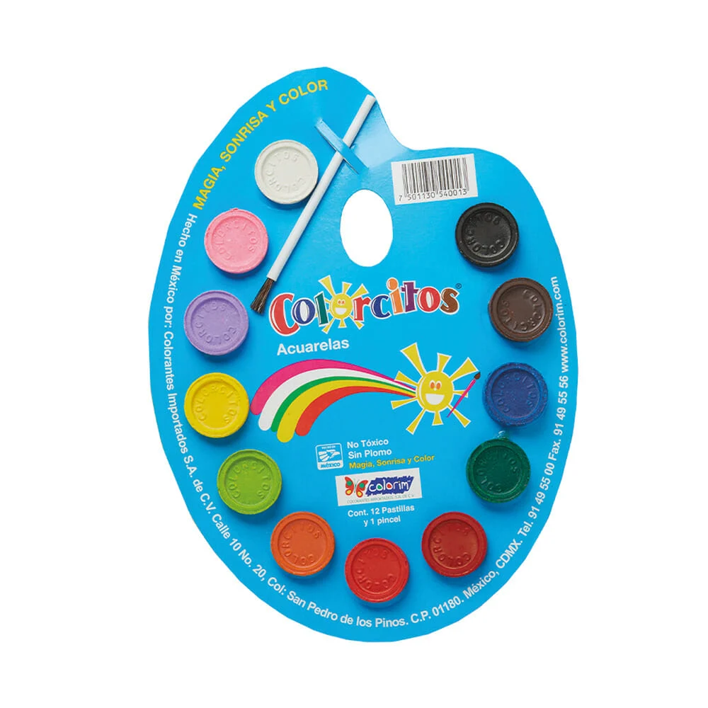 Paleta con 12 acuarelas redondas colorcitos de colores y pincel / 540013