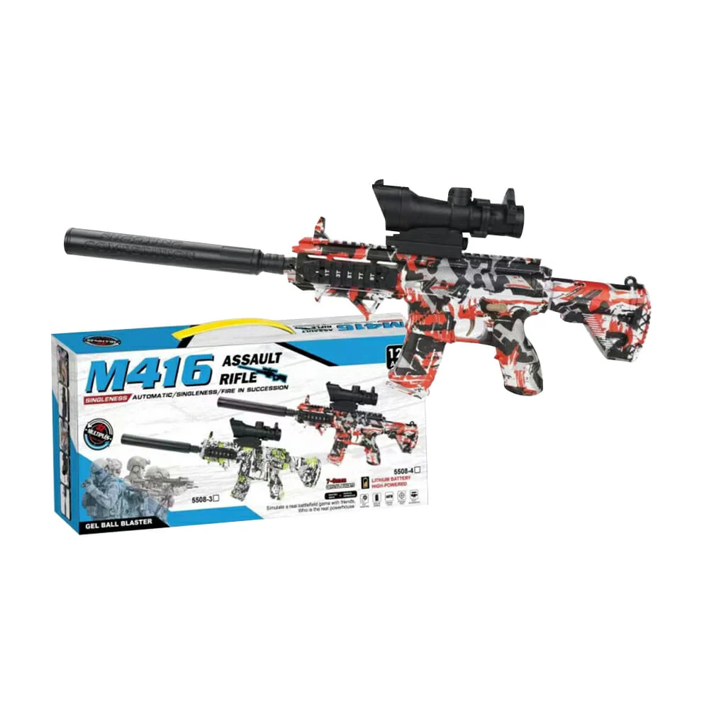 Pistola assault rifle m416 diseño camuflado rojo gris con 2 modos de uso para lanzar bolitas de hidrogel 7-8mm / 5508-4