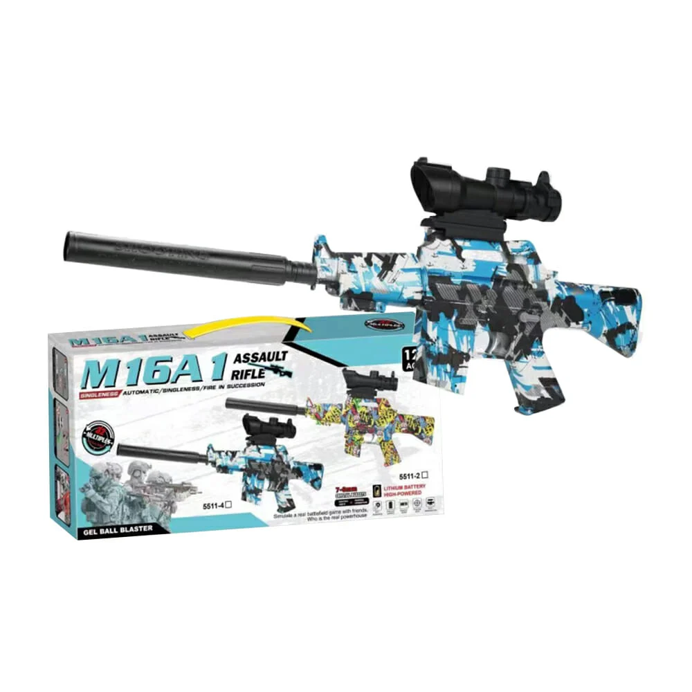 Pistola assault rifle m16a1 diseño grafiti gris azul con 2 modos de uso para lanzar bolitas de hidrogel 7-8mm / 5511-4