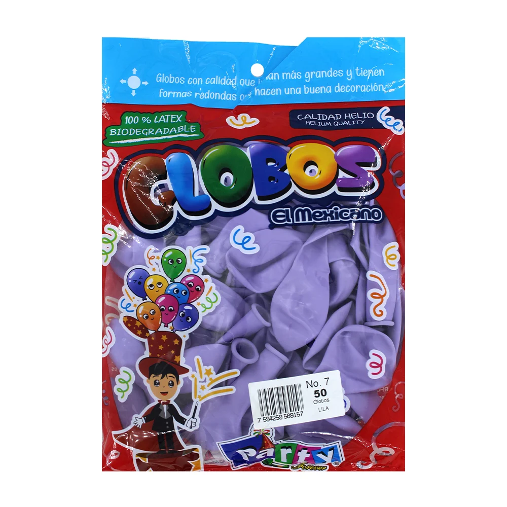 Paquete con 50 globos de látex en color lila del no. 7 / globos el mexicano