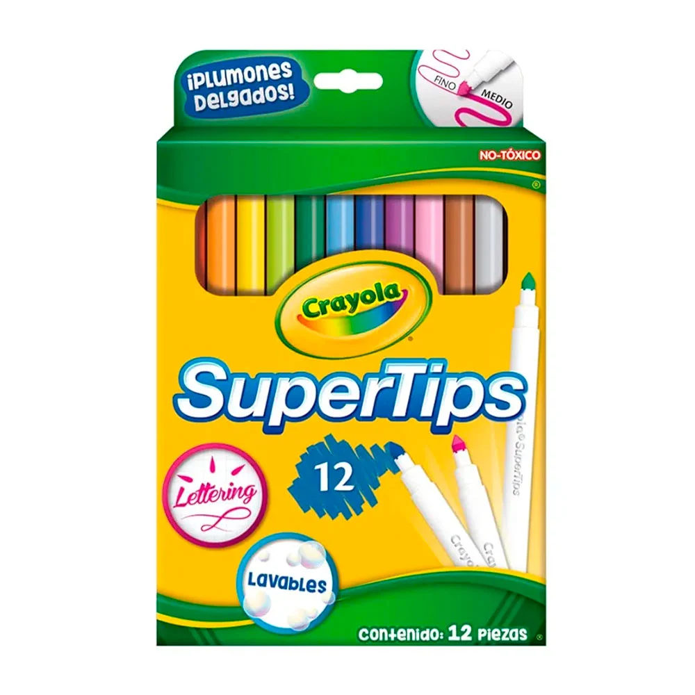 Paquete con 12 plumones delgados crayola supertips en colores intensos con punta fina y media, colores surtidos / 580912m015 / 58-0912 / crayola supertips