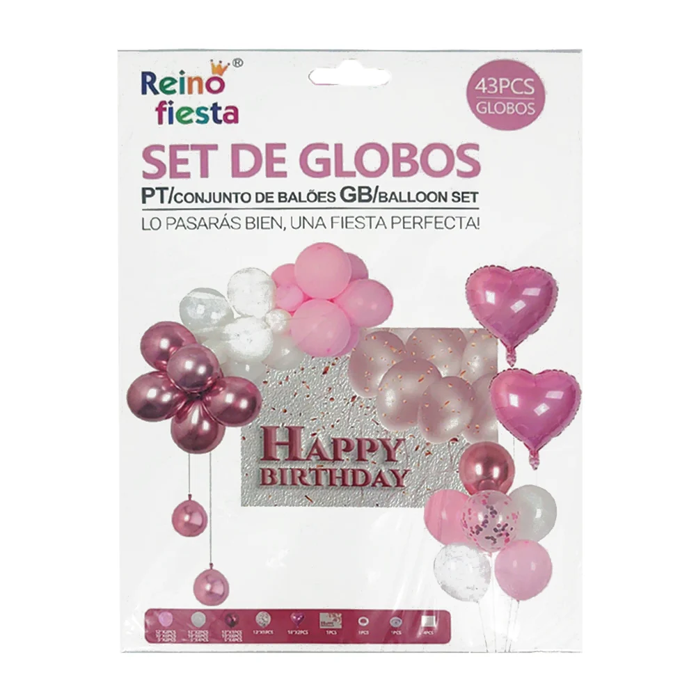 Kit decorativo de globos con 43pcs / 6 globos de 12", 18 globos de 10", 10 globos de 5", 2 globos metálicos, poster de happy birthday, hilo, curly y cuatro planillas de pegatinas de globos / reino fiesta / 60124