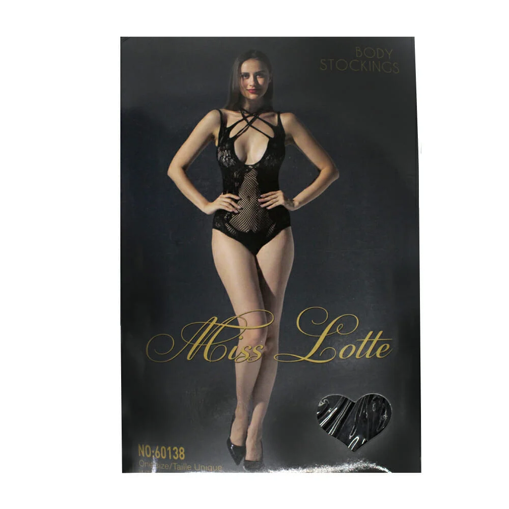 Lencería tipo body unitalla miss lotte de encaje color negro con tirantes cruzados / 60138