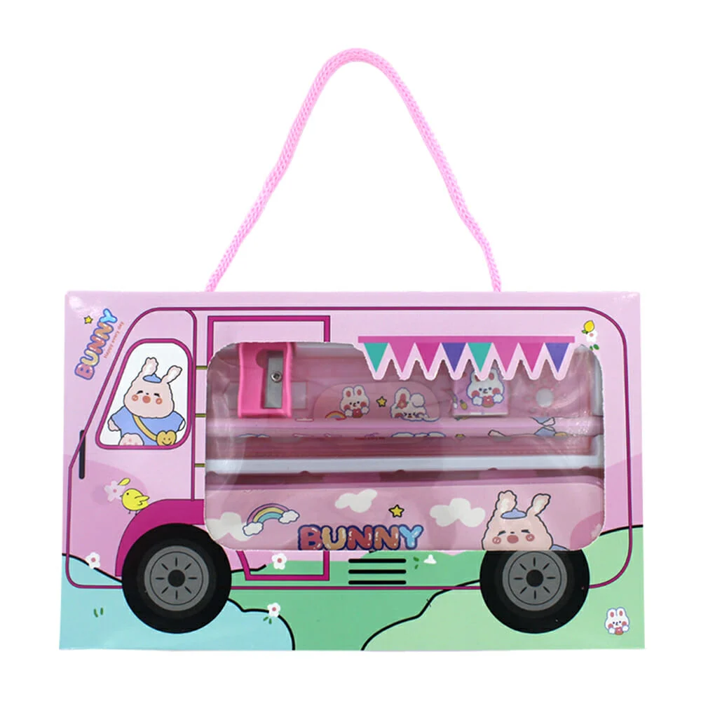 Kit de papelería con estuche colorera, borrador, sacapuntas,1 lápiz y regla / bunny happy every day