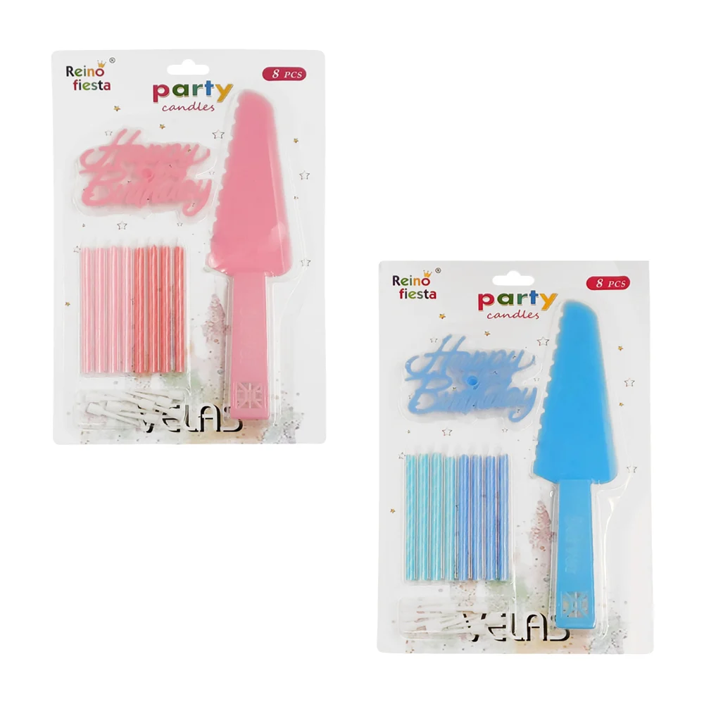 Set de utensilios para cumpleaños de 8 piezas con 8 velas, cortador de pastel y letrero de happy birthday, variedad de colores / party candles / reino fiesta / 60387