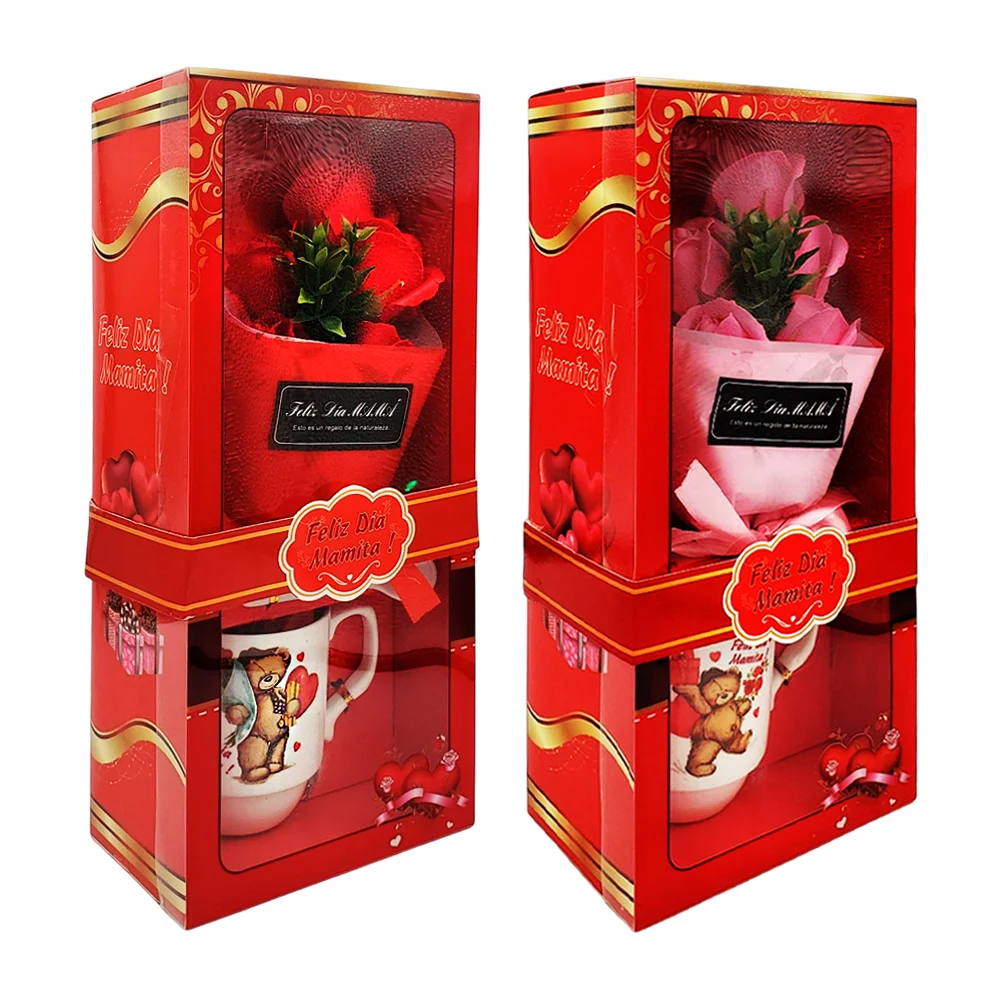 Caja de día de las madres para regalo, con rosas, luces led, taza con estampado de osos y frase, variedad de colores / 607-8-14