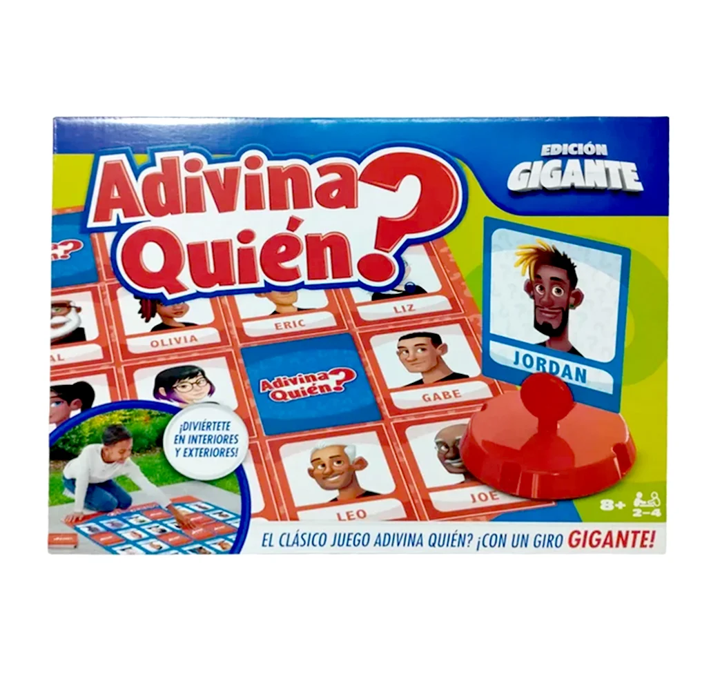 Juego, adivina quién en edición gigante con 2 tapetes grandes de vinilo, 48 tarjetas de personajes misteriosos y base para tarjetas / 046621