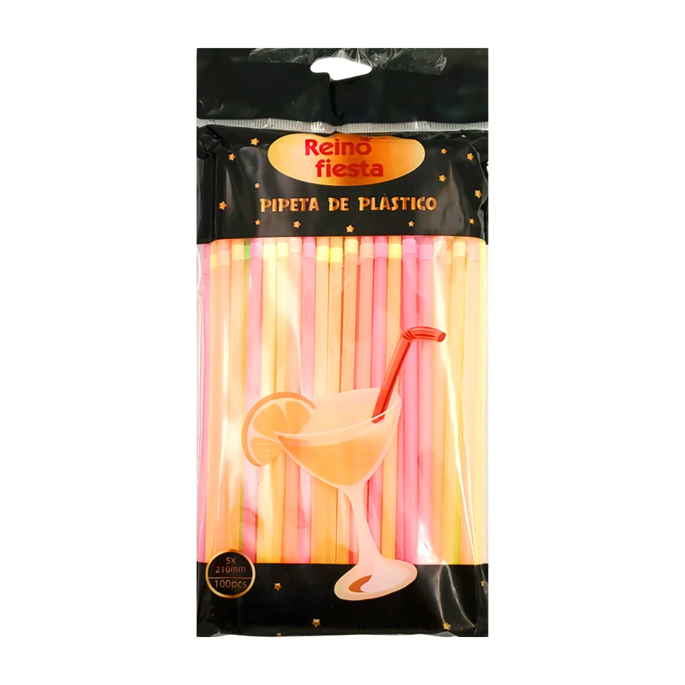 Paquete para fiesta con 96 popotes de plástico coloridos, flexible y medida de 21cms, variedad de usos / reino fiesta  / pipeta de plastico