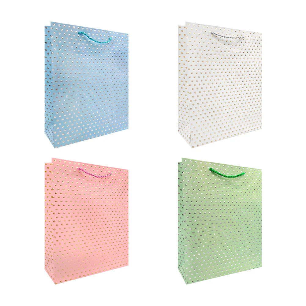 1pza Bolsa para regalo mediana, con agarradera trenzada y diseño de puntos color metálico, variedad de colores / 32x26cms / reino fiesta