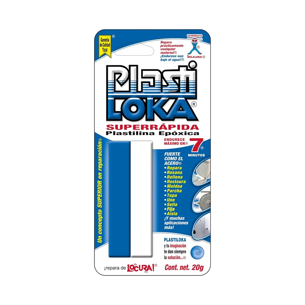 Plastilina epóxica super rápida plasti loka multiusos de color azul y blanca, 20g
