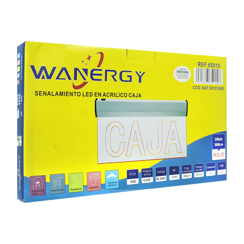 Señalamiento led en acrilico con luz roja y frase de caja, 36x15cm / 65015