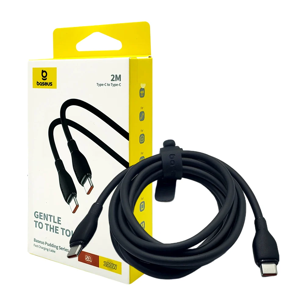 Cable doble baseus color negro de 2m con entrada type-c a type-c, 5a, 100w / gentle to the touch