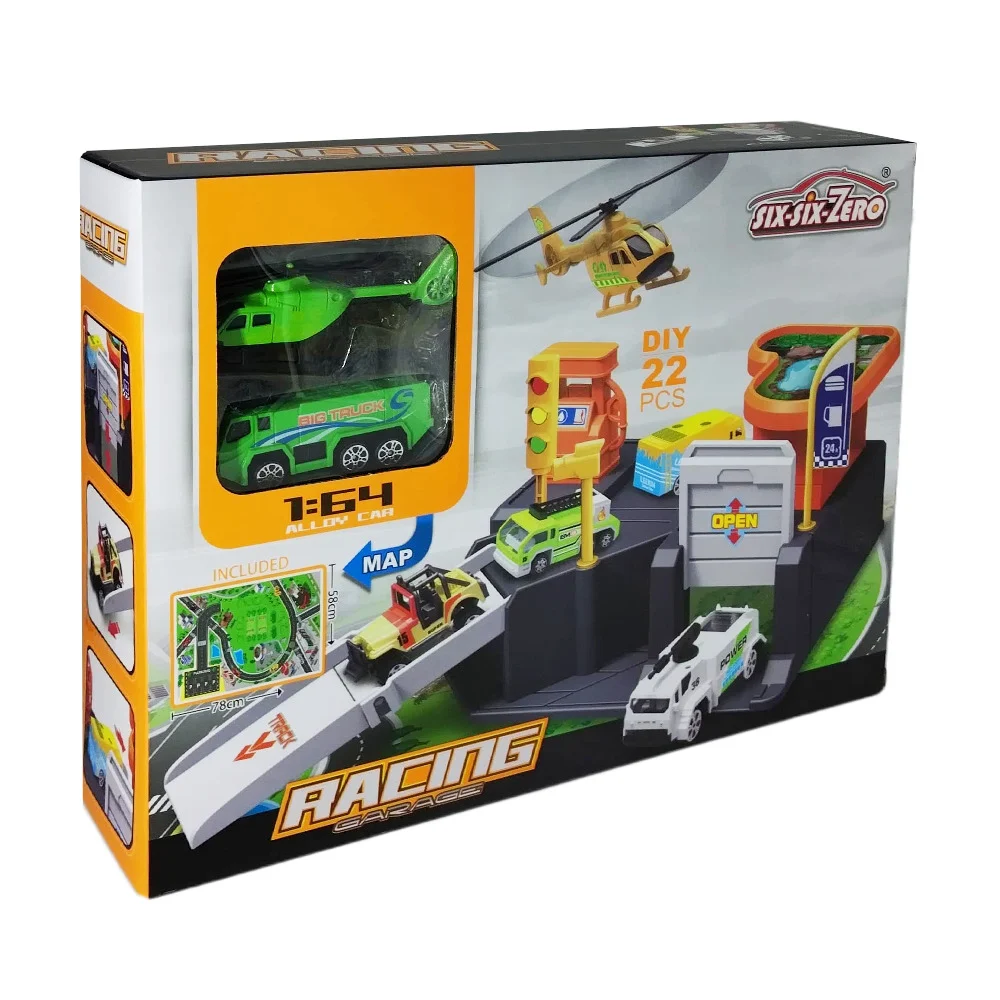 Pista armable de la ciudad 22 piezas racing garage 58 x 78cm six-six-zero con 2 vehículos, variedad de modelos / 660-s09