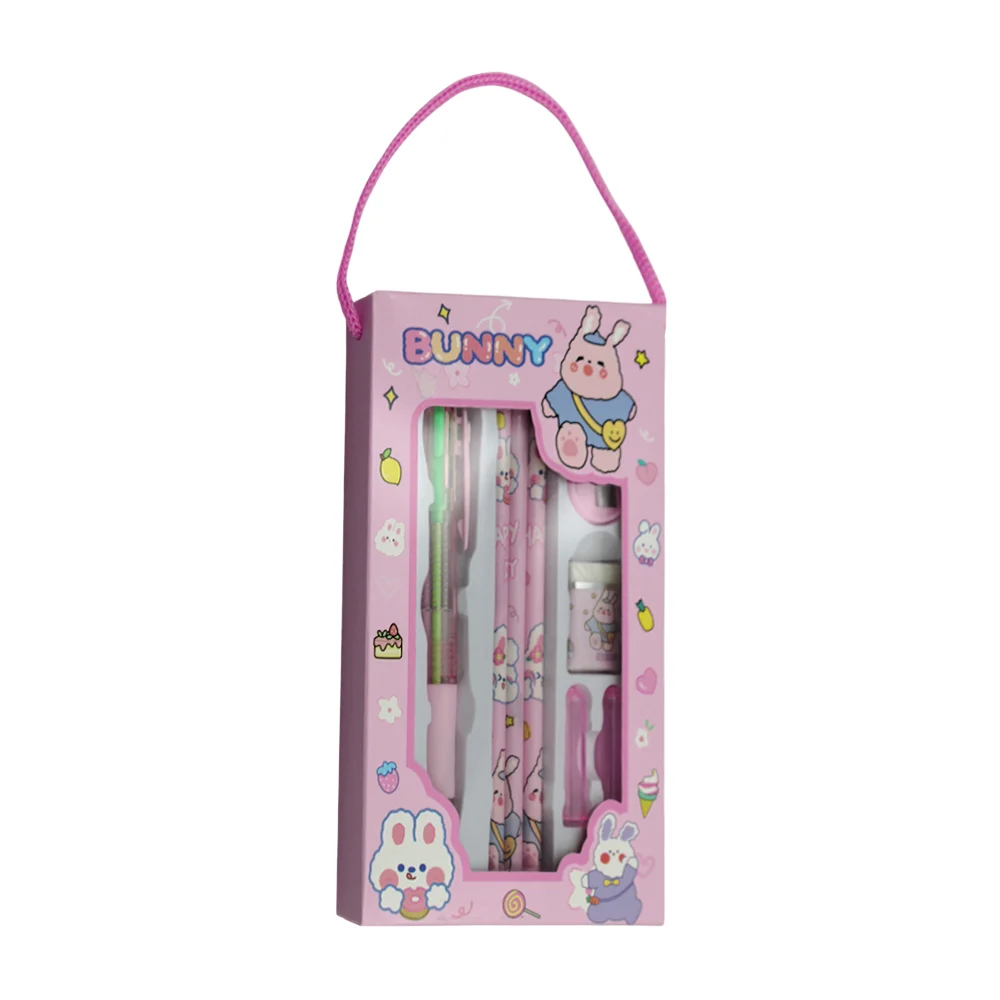 Kit de papelería con 3 lápices, pluma de 4 colores, sacapuntas, borrador y 2 protectores de lápiz, estampado kawaii / 66051 / funny