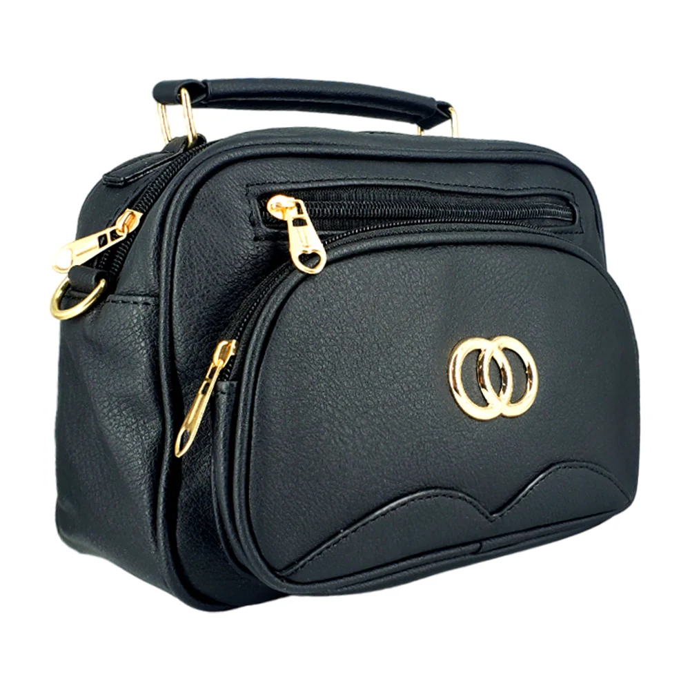 Bolsa de mano tipo maletín de piel sintética con 4 compartimentos + correa y adorno metálico de dos argollas entrelazadas / 6651# / 6651