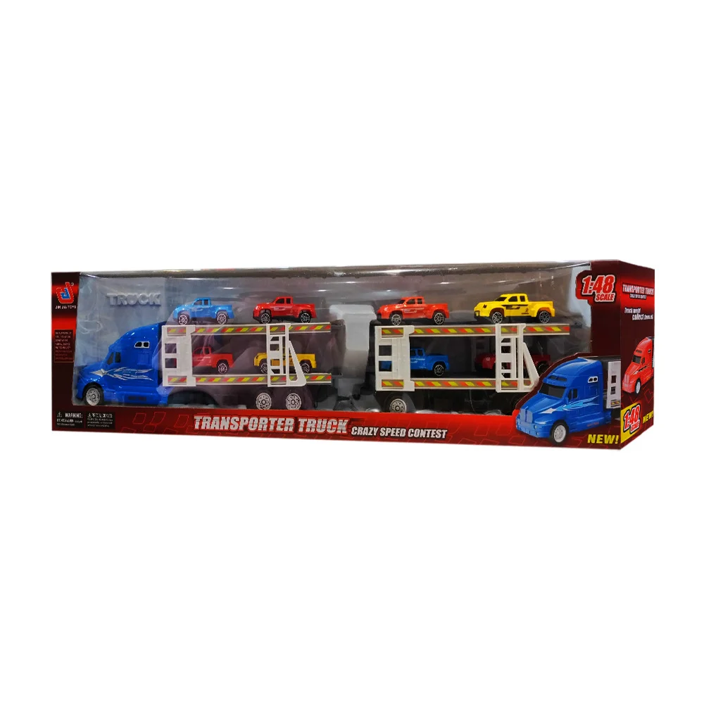 Tráiler de juguete con doble remolque + 8 vehículos de colores / transporter truck