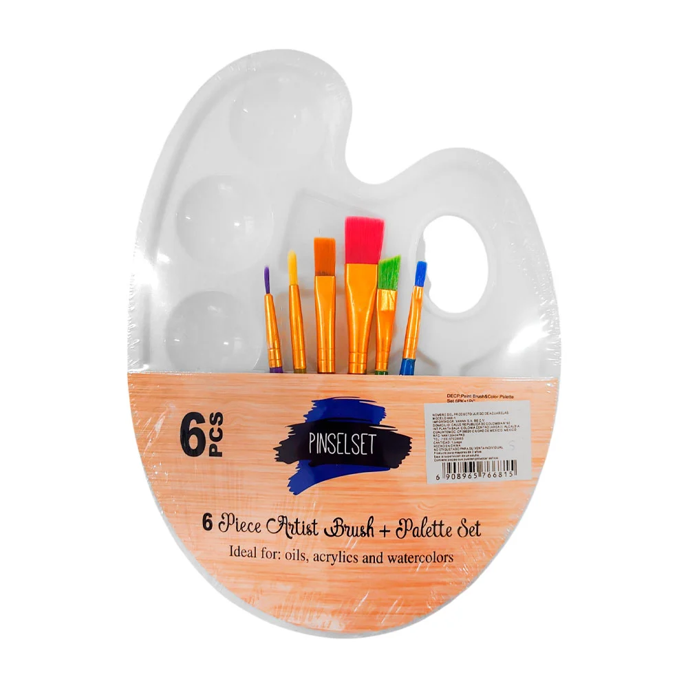 Paleta de plástico para pintura con 10 espacios para pintura, 6 pinceles de diferentes grosores y tamaños / 668-1 / pinselset
