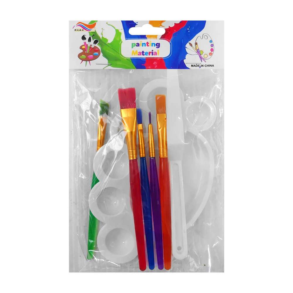 Paleta chica de plástico para pintura con 7 espacios chicos para pintura, una mini pala mezcladora + 5 pinceles chicos en diferentes grosores, variedad de colores / painting material / 668-2