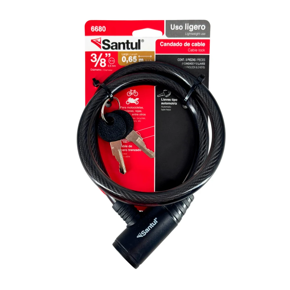 Candado santul de cable trenzado reforzado para motocicletas / bicicleta, con llaves, variedad de usos / 0.65m / 6680