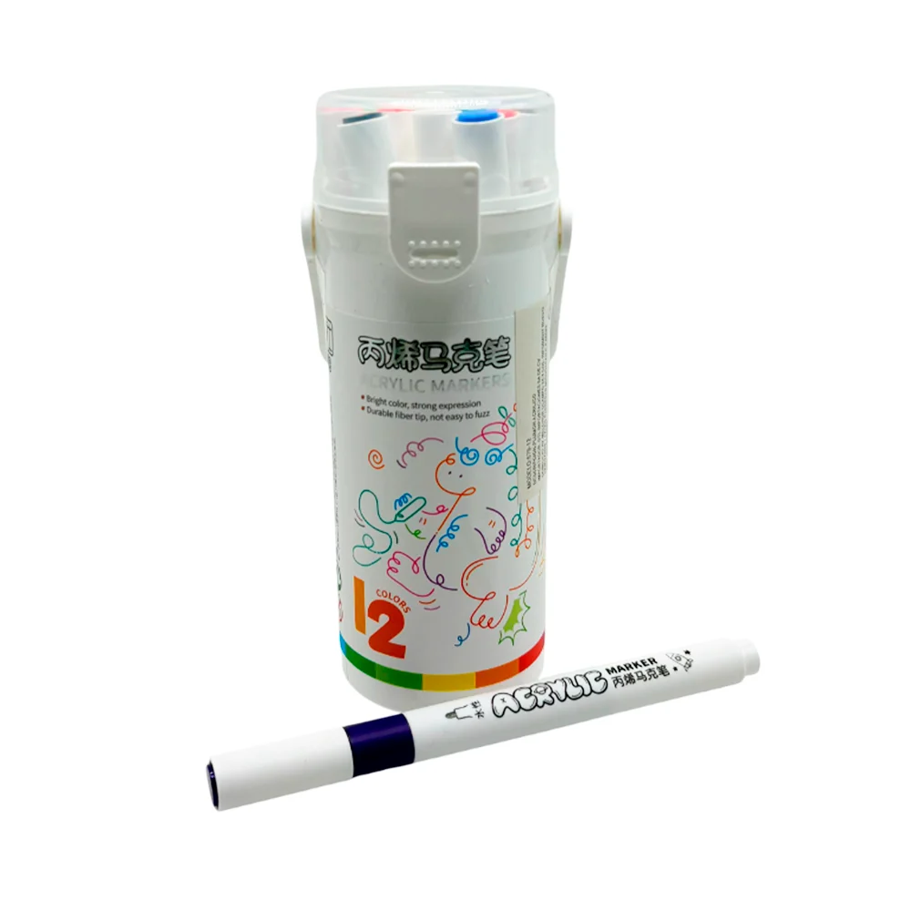 Estuche redondo con 12 plumones delgados de acrílico, colores surtidos / 679-12 / acrylic markers