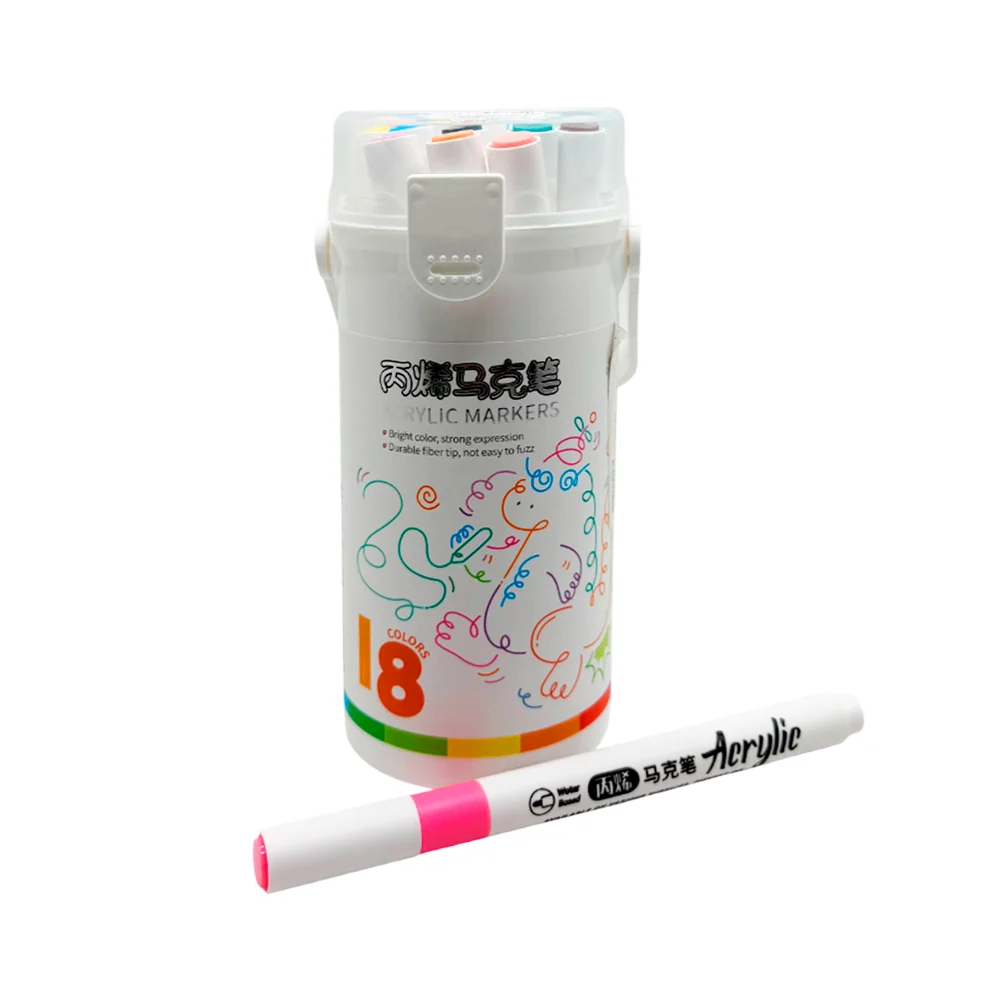 Estuche redondo con 18 plumones delgados de acrílico, colores surtidos / 679-18 / acrylic markers