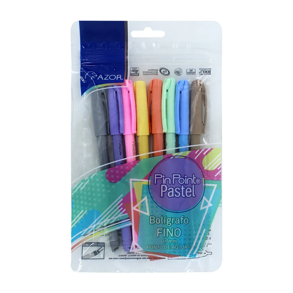 Paquete con 8 plumas azor pin point de punta fina 0.7mm, variedad de colores / 6808p