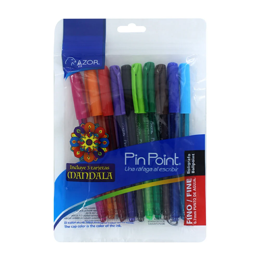 Paquete con 10 plumas azor pin point de punta fina 0.7mm y 3 mandalas / 6810