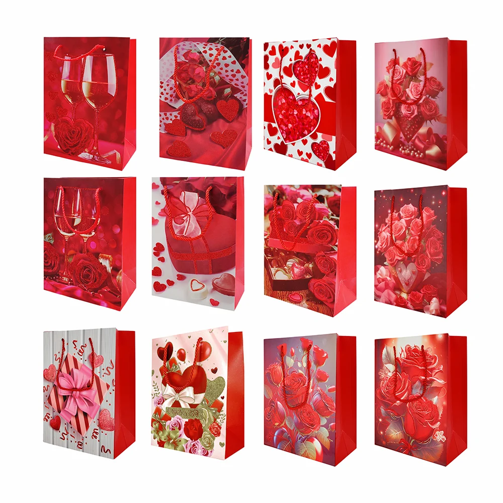 1pza Bolsa de regalo chica con temática día de san valentín y diamantina, 18x10x23cm, variedad de modelos / goq37251 / goq37294 / sm3946s / 511266