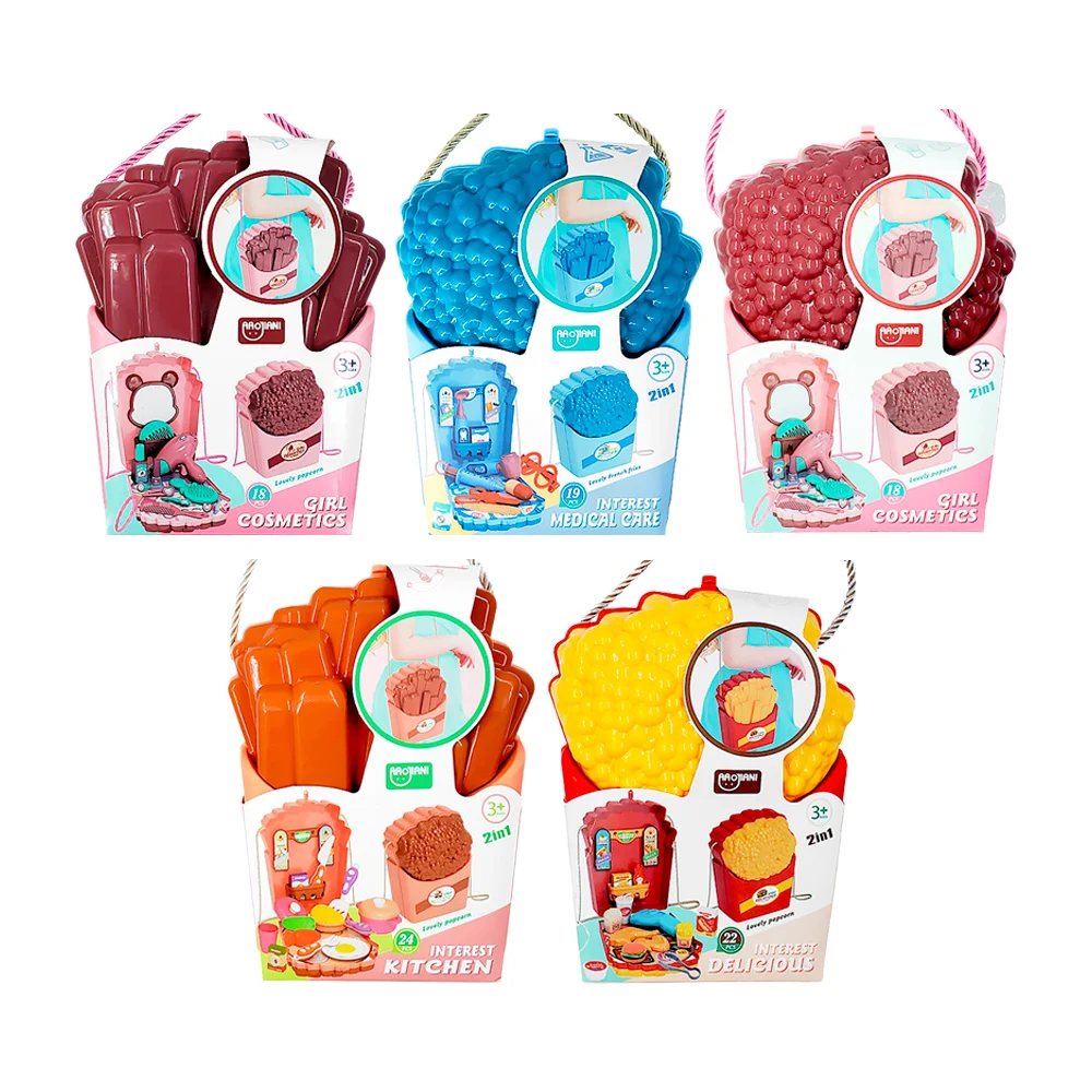 Bolsa / maletín de juguete en forma de palomitas o papas fritas con accesorios de comida rápida, cosméticos o doctor, 22-18-19pcs, variedad de diseños / aaojiani / 688-160a / 688-163a / 688-162a