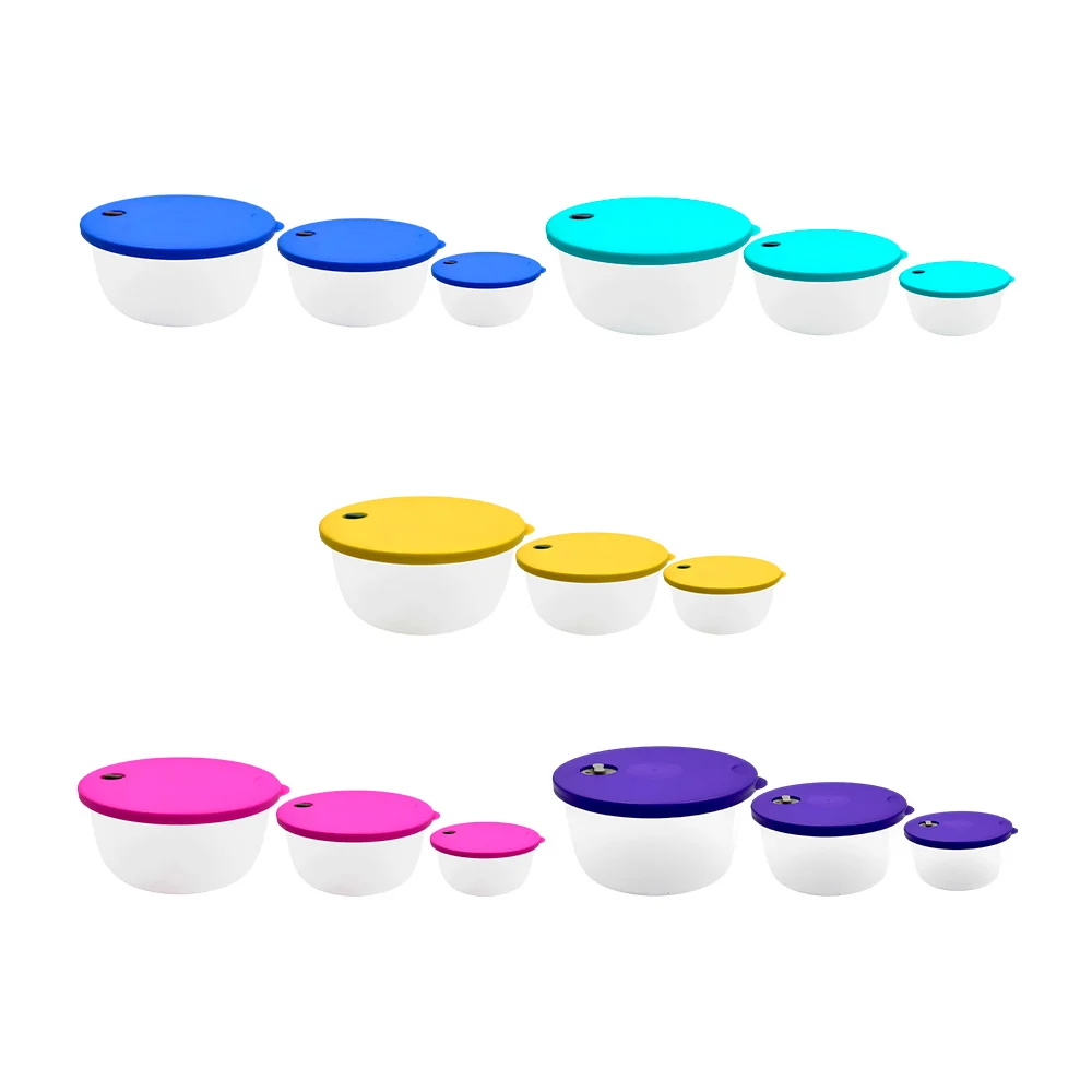 Juego con 3 tupper redondos de plástico transparentes, variedad de colores en las tapas / 701812 / caz-03 / caz-02 / caz-01