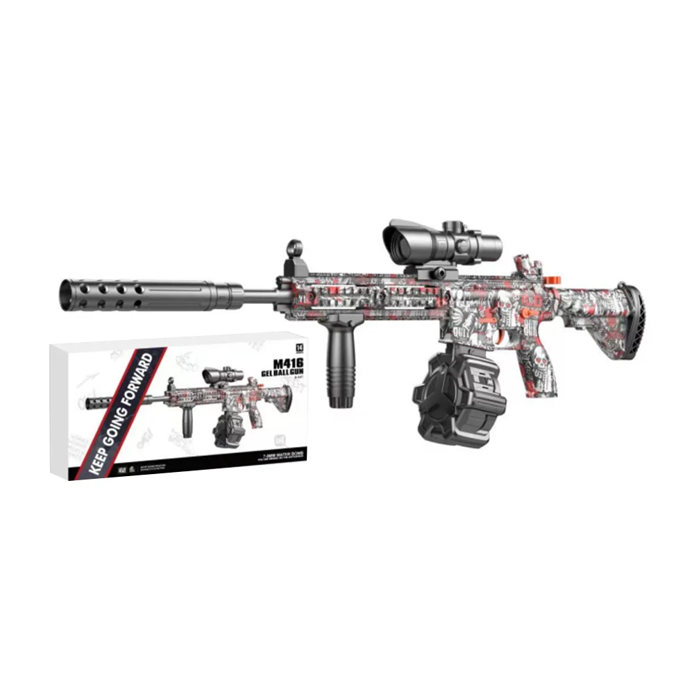 Pistola / rifle m416 recargable con tambor lanza bolitas de hidrogel con diseño de grafiti con calaveras / 701c-1